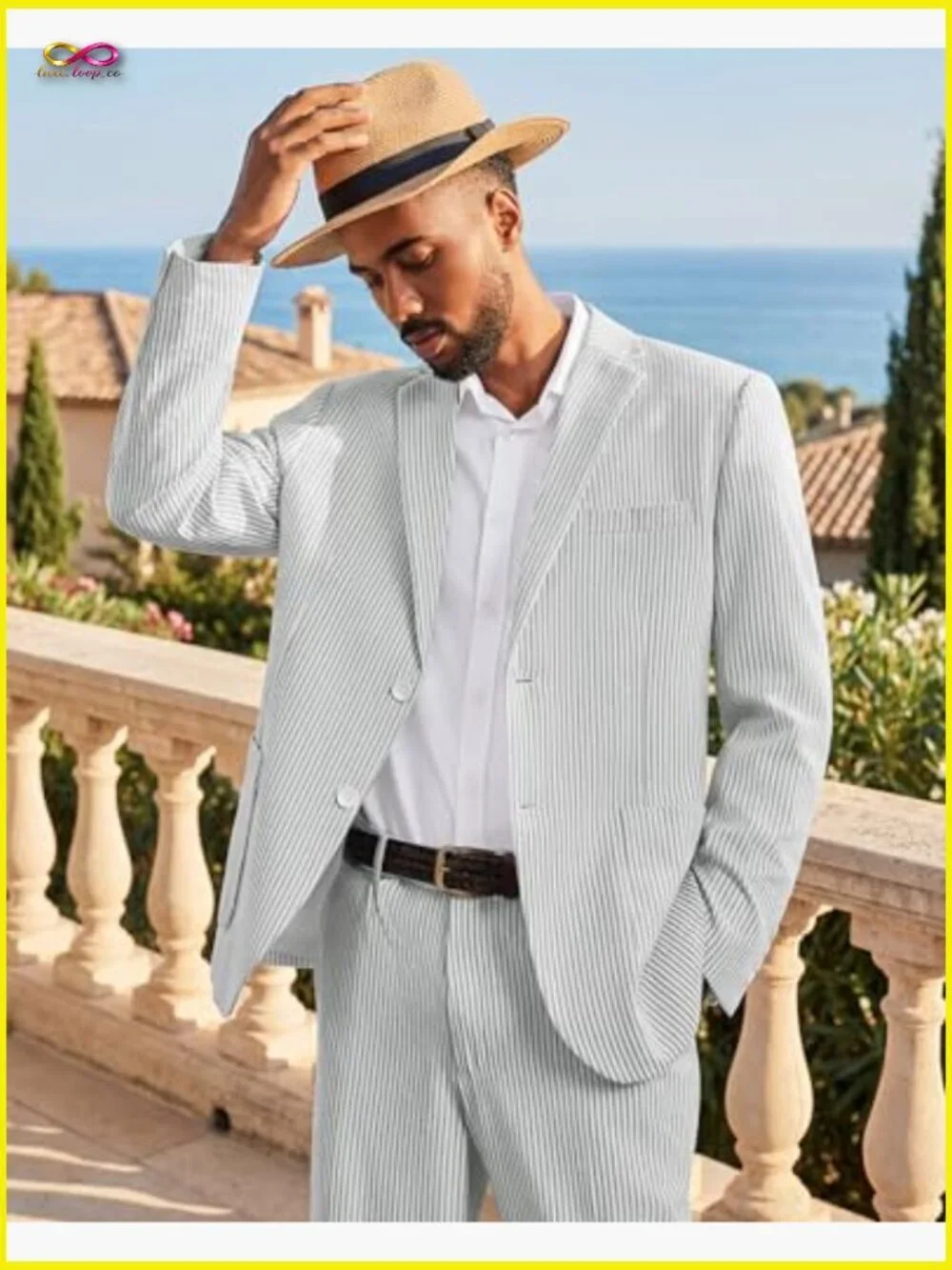Light Grey Seersucker Pinstripe Slim Fit Suit Wedding Prom Party Formal